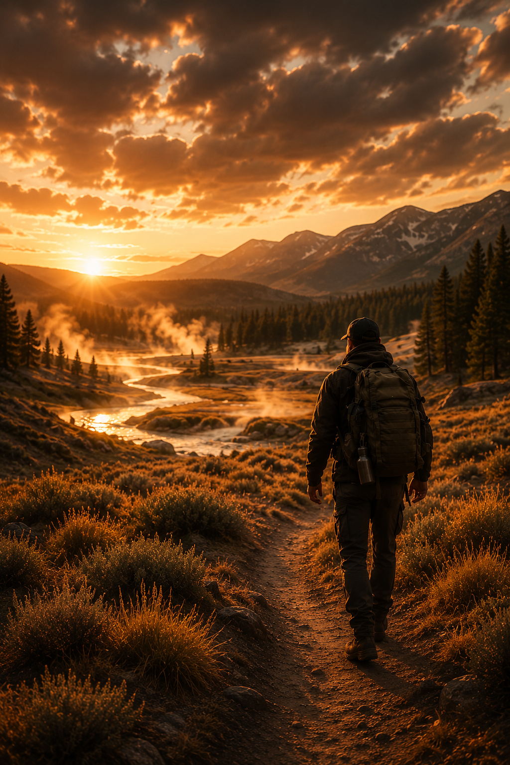 Wandelaar in berglandschap bij gouden zonsondergang