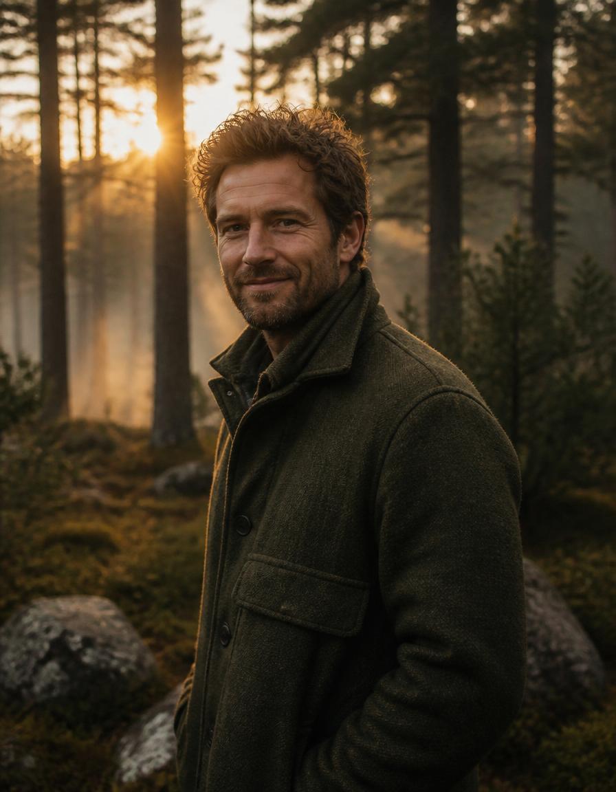 Auteur Joris in een Nederlandse pijnboomstuk bij zonsopkomst
